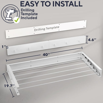 Foldable Wall Mounted Drying Rack 40 inch - Easy to Install Hanging Rack for Laundry Room - Space