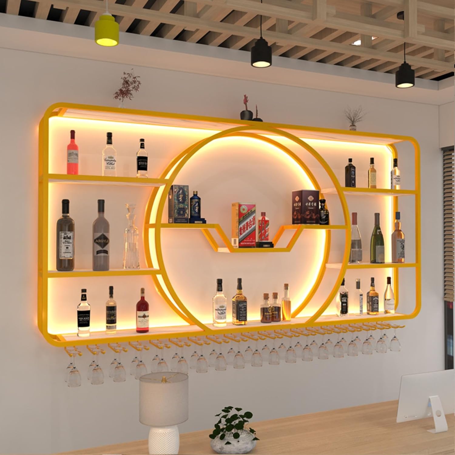 3-Tiers Metal Wine Rack Wall Mounted Modern With LED Light With Wine Glass Holder Large Liquor Bar