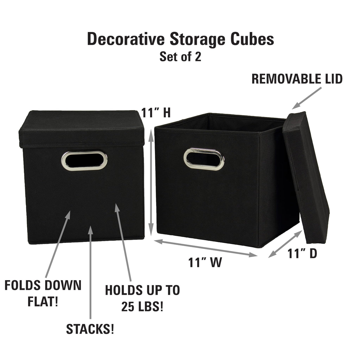 Household Essentials 34-1 Decorative Storage Cube Set with Removable Lids | Black | 2-Pack