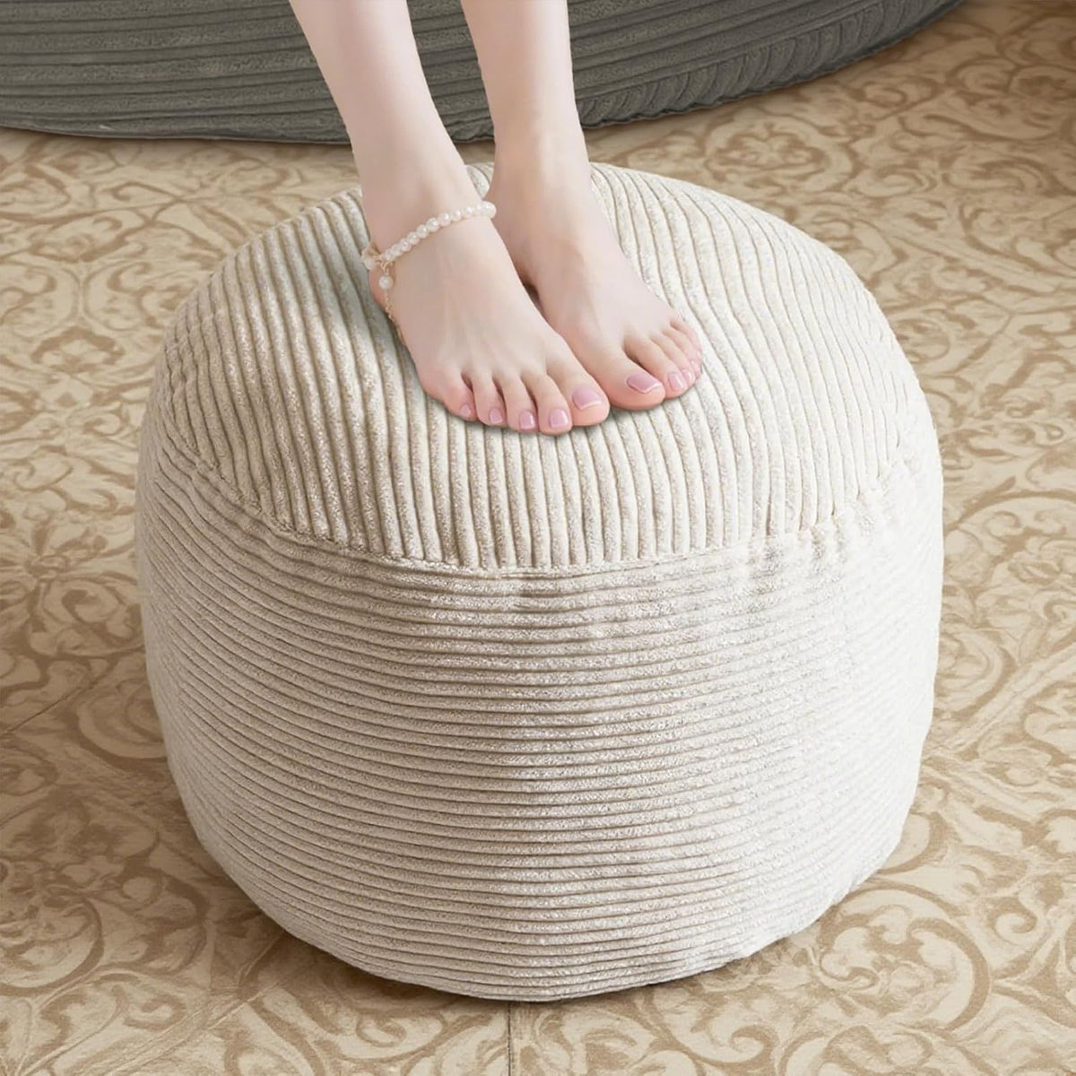 Round Stuffed Pouf Ottoman, Foot Stools Ottoman,Corduroy Poufs with Foam Chunk Filling, Furry and