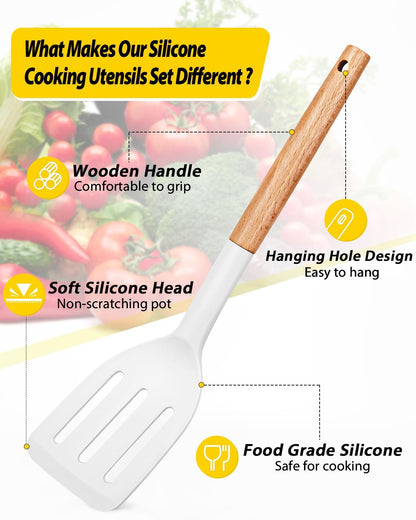 Pack of 4 Silicone Cooking Utensils Set, Non Stick Solid Spatulas and Heat Resistant Slotted Spoons