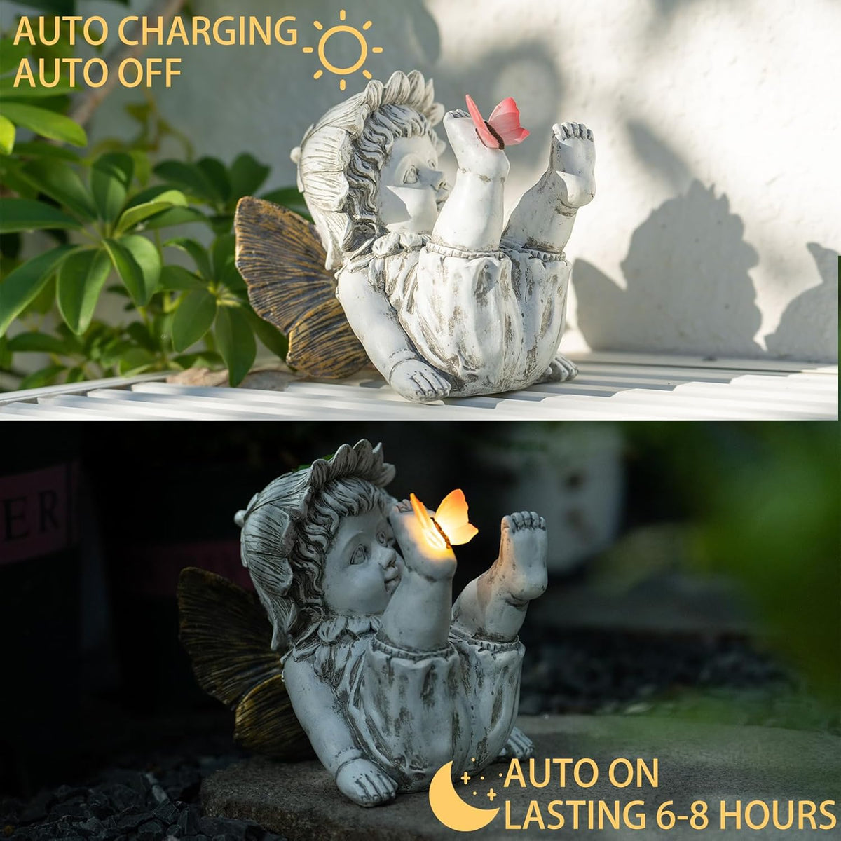 Garden Fairy Outdoor Solar Decor, Resin Ornaments for Patio Lawn Yard Porch, Playful Garden Flower