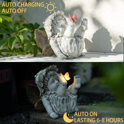 Garden Fairy Outdoor Solar Decor, Resin Ornaments for Patio Lawn Yard Porch, Playful Garden Flower