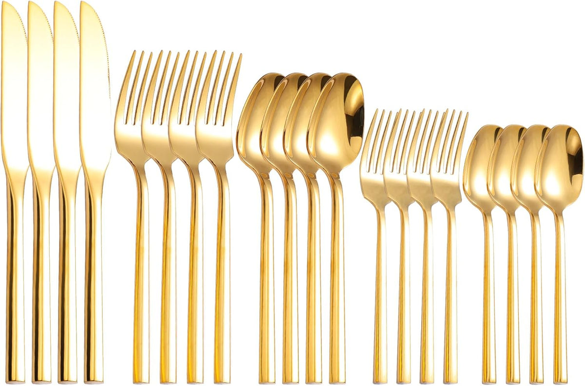 Mirror Silverware Set Gold Flatware Set with Hexagon Handle 20 Pieces 18/0 Stainless Steel Cutlery