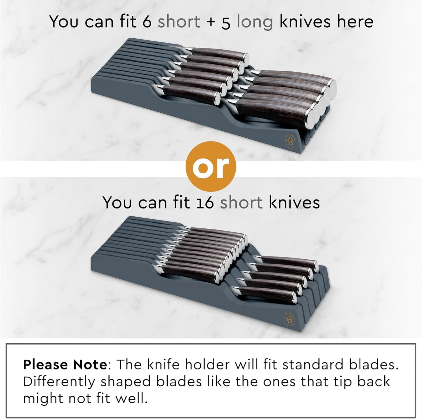 In-Drawer Knife Block - Bamboo Knife Drawer Organizer for Kitchen - Fits 5 Long + 6 Short Knives