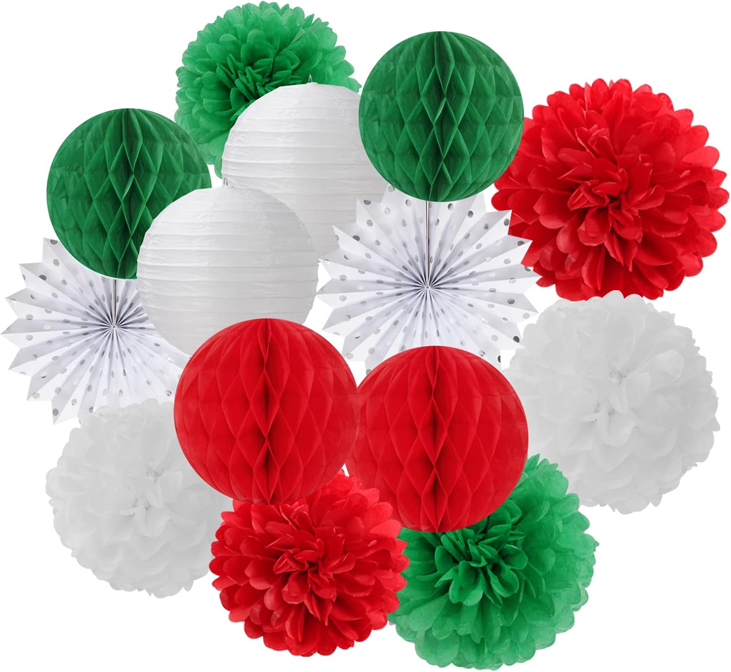 Red-Green White Party Decorations - 14pcs Winter Birthday New Year Paper Lanterns Fan,Italian