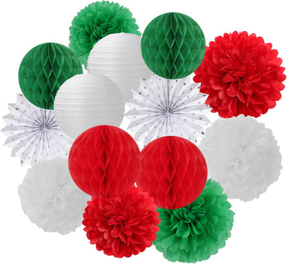 Red-Green White Party Decorations - 14pcs Winter Birthday New Year Paper Lanterns Fan,Italian