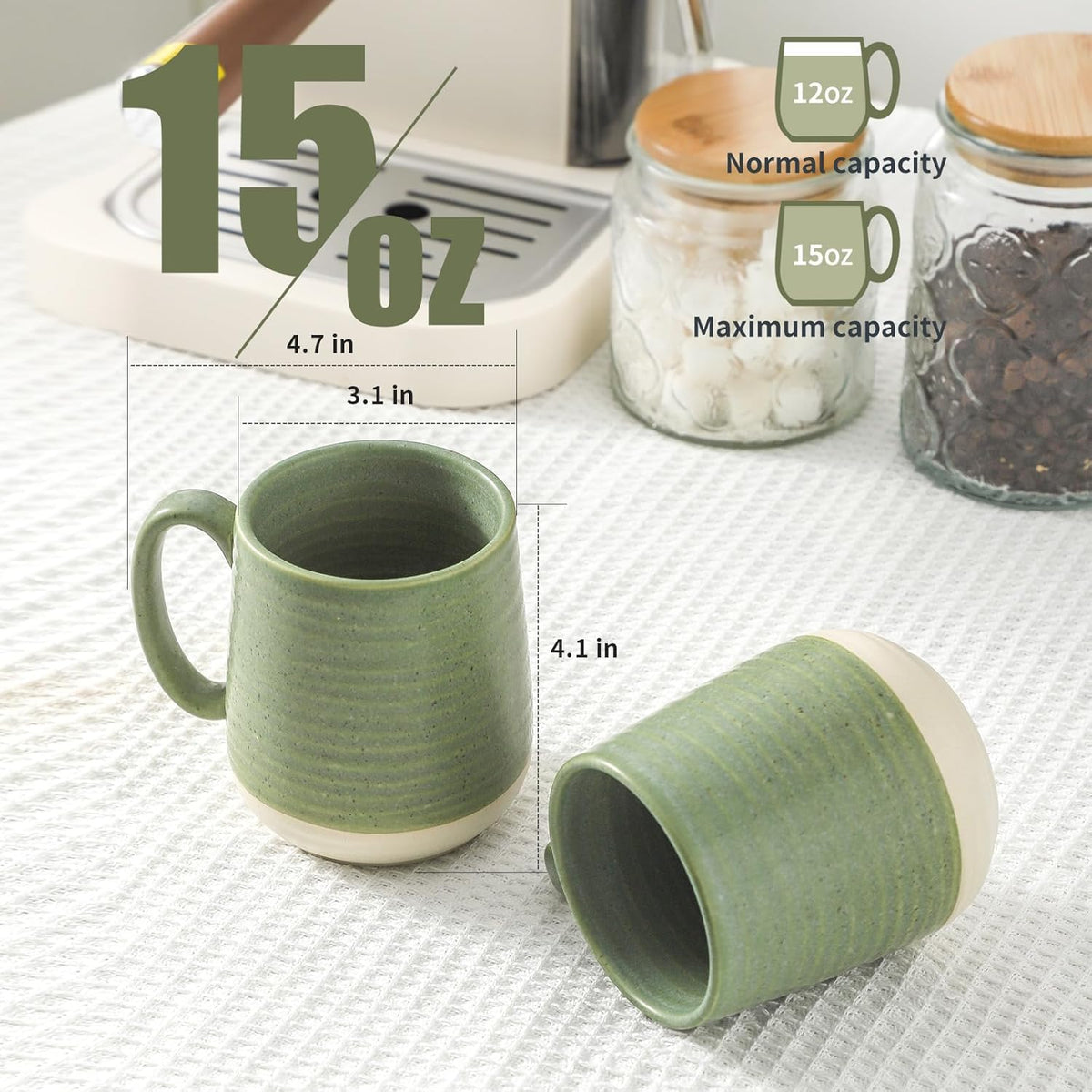 Hasense Porcelain Coffee Mugs Set of 4, 15 Oz Large Coffee Cups, Latte Cup with Handle, Tea Mugs