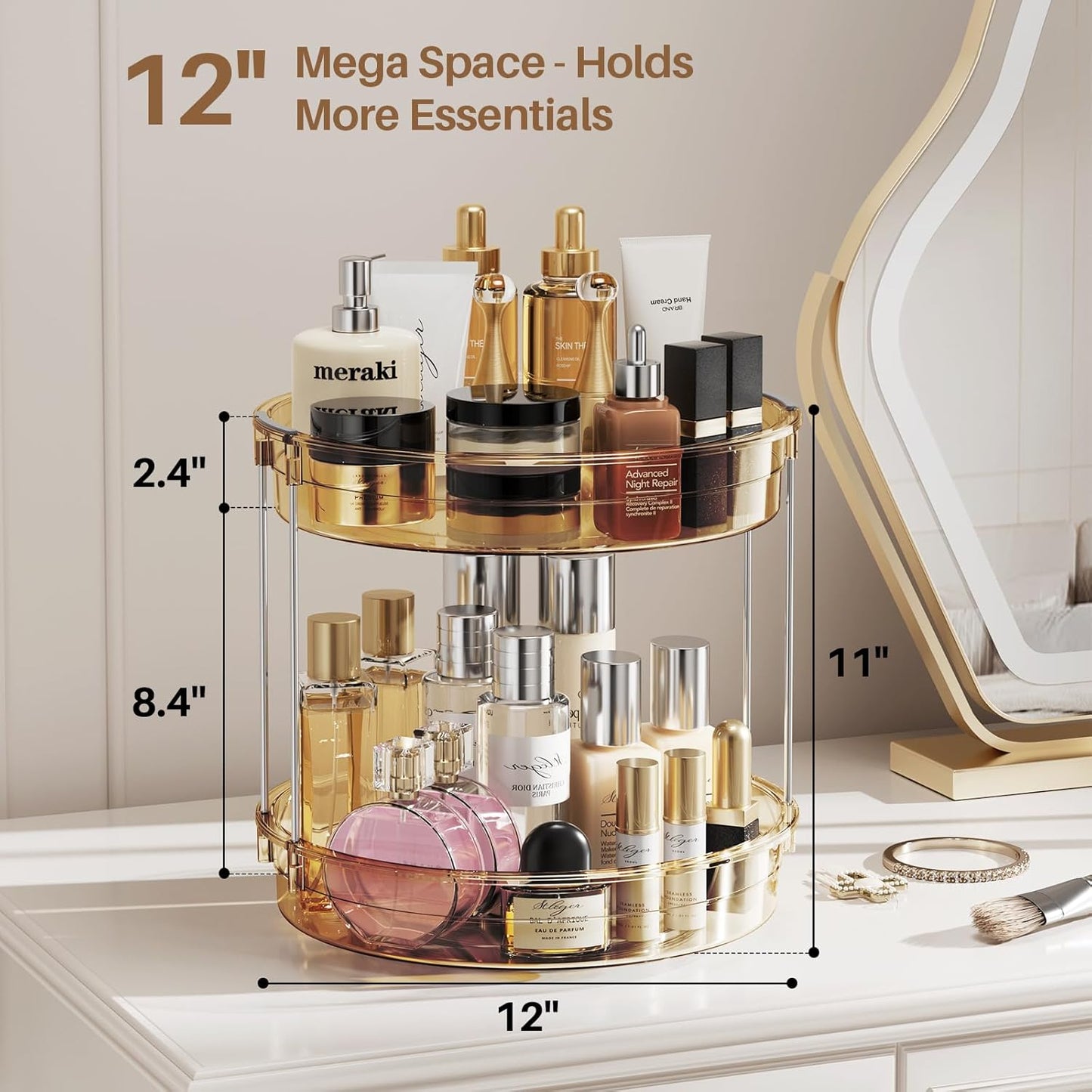 LAMU 12inch 2 Tier Lazy Susan Turntable Organizer Rotating Spice Rack Organization for Cabinet