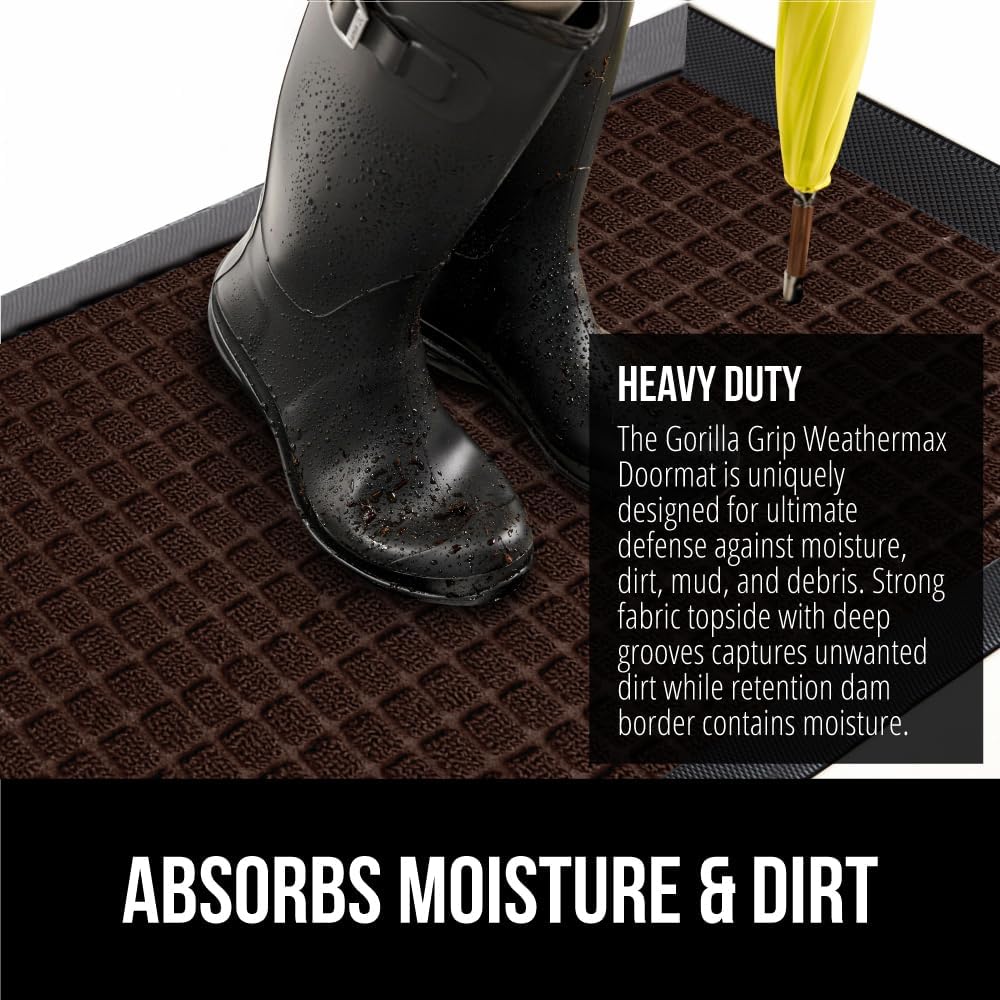 GORILLA GRIP 100% Waterproof All-Season WeatherMax Doormat US Designed Natural Rubber, Stain and