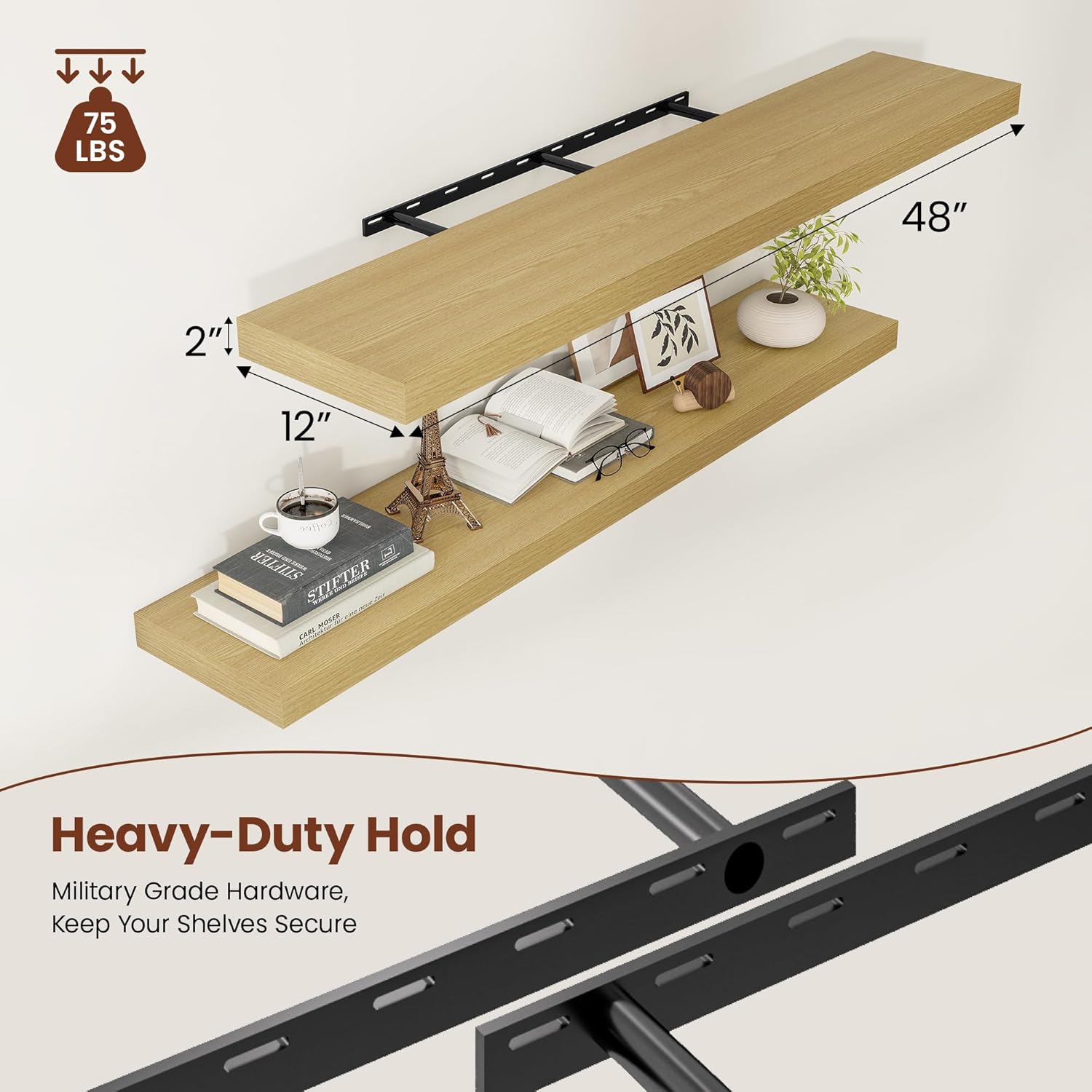 12 Inch Deep Floating Shelves 48 inch Long, 48 x 12 Wide Wall Shelves with Invisible Brackets