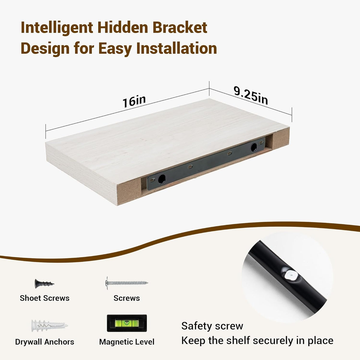 16 Inch Floating Shelves, 16"x9.25"x1.5" Inch Deep Floating Shelves for Wall, Wooden Shelves for