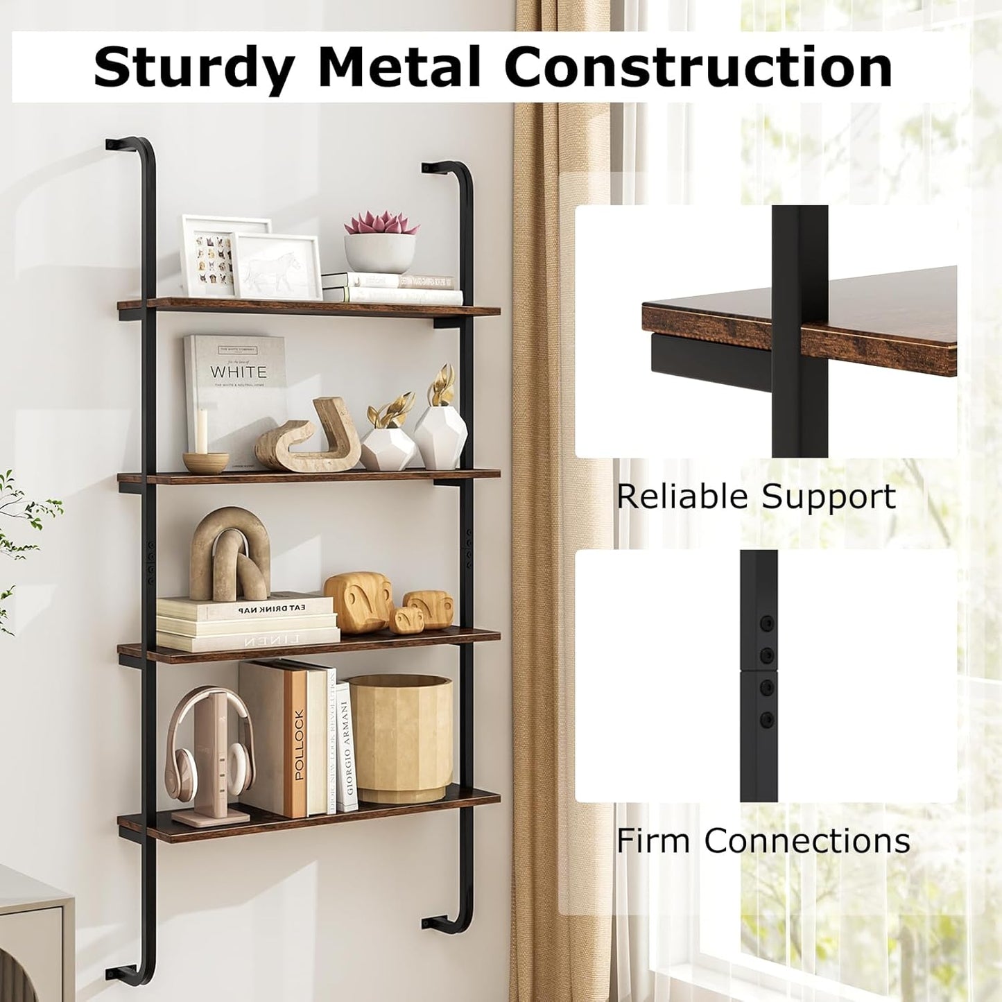 Giantex 4-Tier Industrial Bookshelf Set of 2, Wall Mounted Pipe Shelving Unit, Floating Shelves