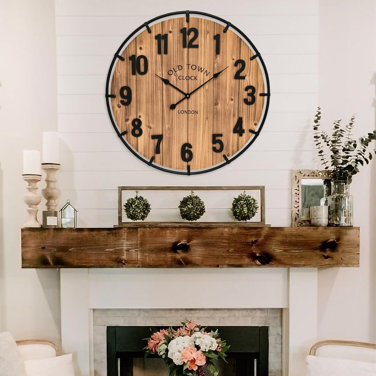 Large Old Town Farmhouse Wall Clock 20 Inches - Rustic Antique Wood with Metal Circle and Large