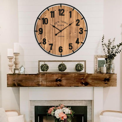 Large Old Town Farmhouse Wall Clock 20 Inches - Rustic Antique Wood with Metal Circle and Large
