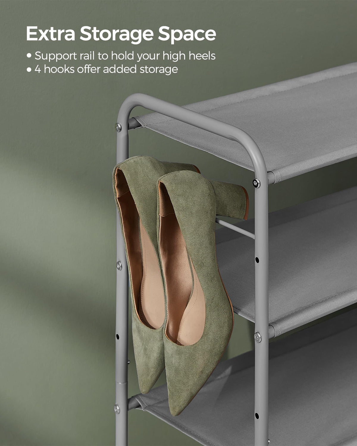 SONGMICS Shoe Rack, 3 Tier Shoe Organizer, Fabric Shoe Shelf Storage with 4 Hooks, Holds up to 18