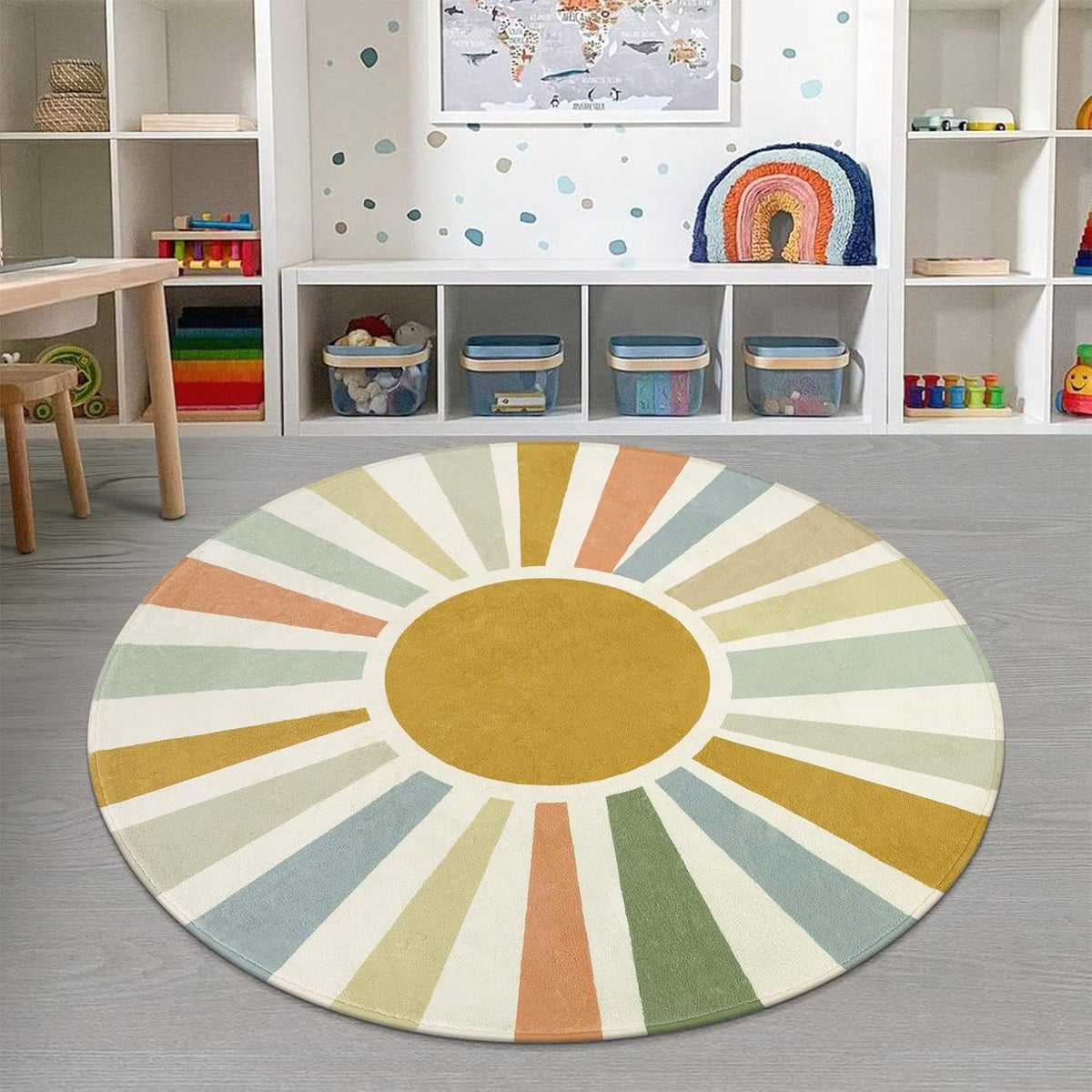 STARUIA Boho Sun Round Area Rug for Living Room, 6 Ft Washable Nursery Rug for Playroom, Colorful