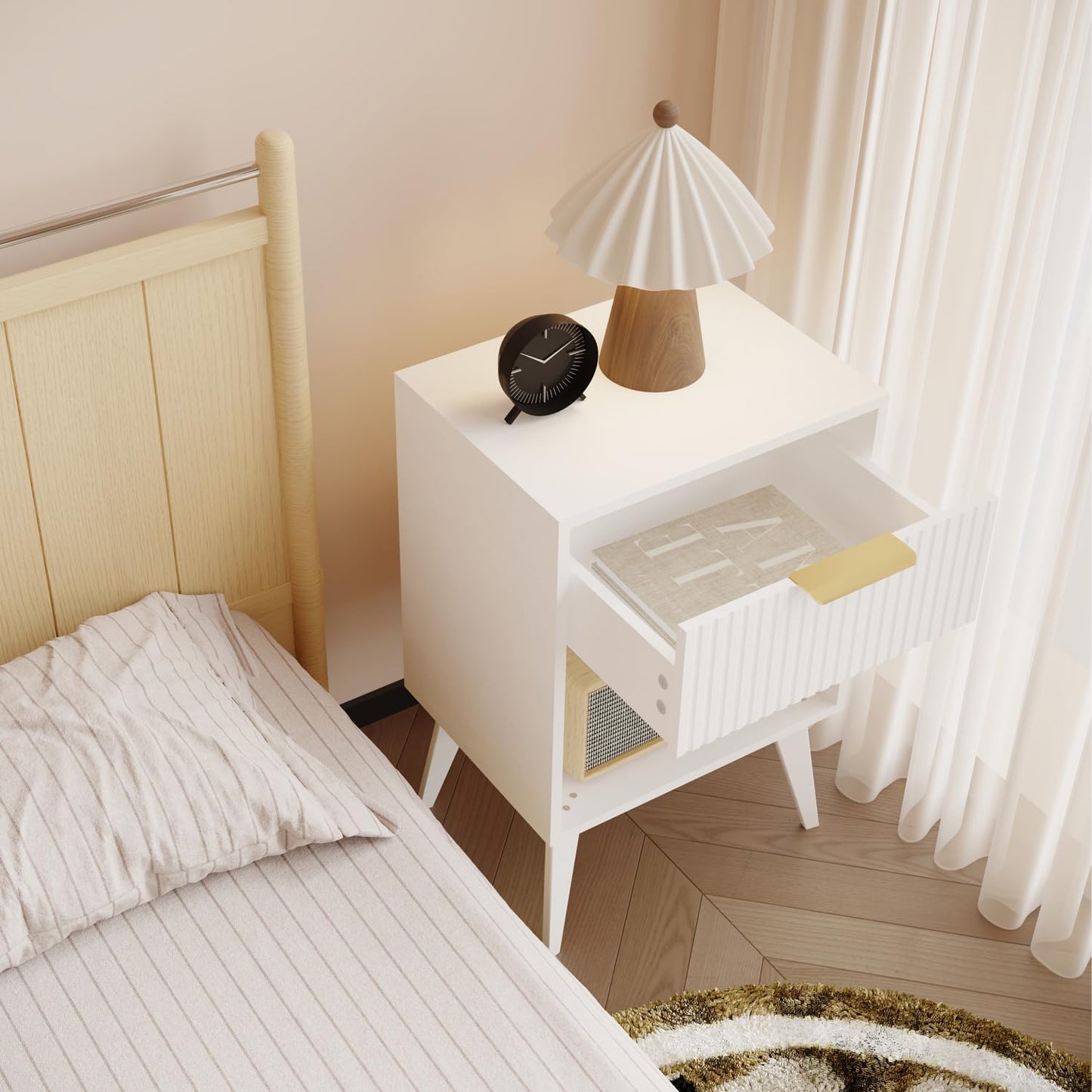 Fluted Night Stand with Opening Storage,Mid Century Bedside Table with Drawer,Modern Nightstand