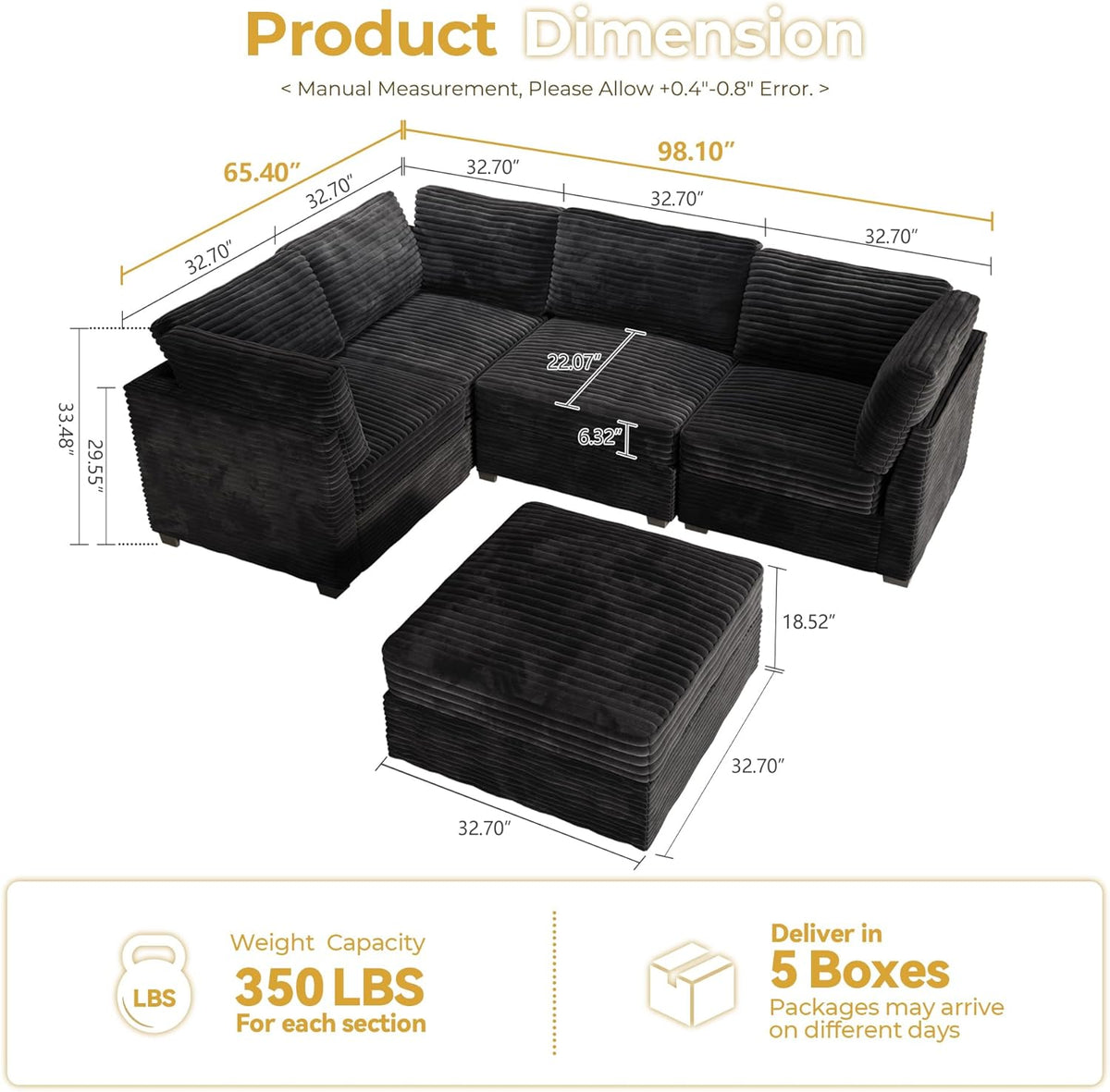 HOOOWOOO Modular Sectional Sofa,5 Pieces Sectional Couches for Living Room,98X66 L Shaped Cloud