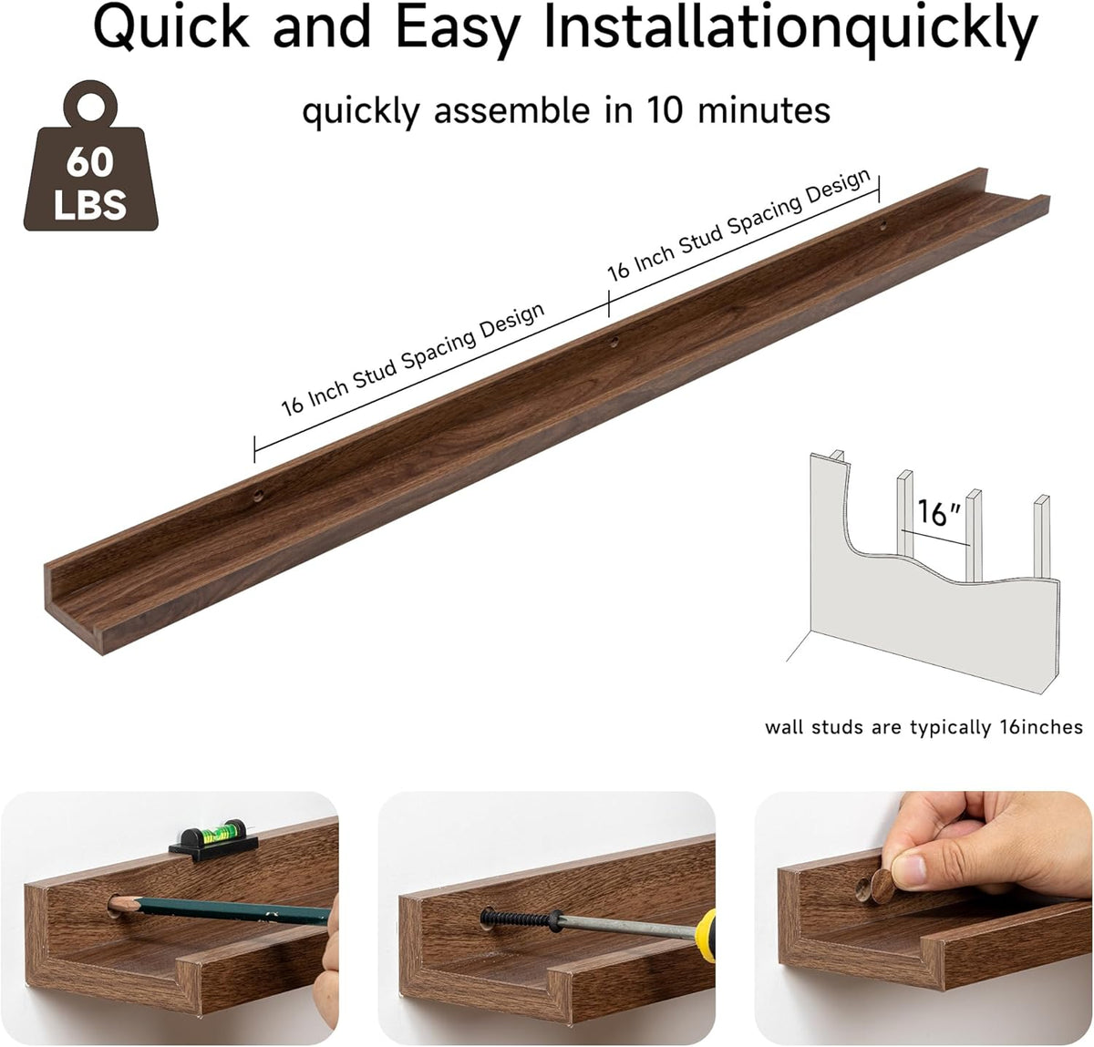 Fun Memories Picture Ledge Shelf, 48 Inch Floating Shelves Set of 2, Large Nursery Book Shelves for