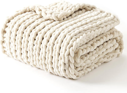 YnM Chunky Throw Blanket, Medium-Weight, Hand Knitted with Chenille Yarn, Skin Friendly, Ventilated