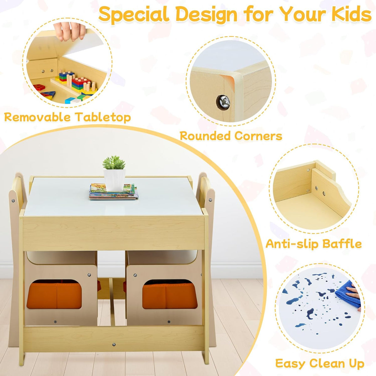 Kids Table and Chair Set, 3 in 1 Wooden Activity Table with Detachable Tabletop, Toddler Table and
