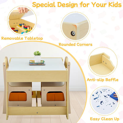 Kids Table and Chair Set, 3 in 1 Wooden Activity Table with Detachable Tabletop, Toddler Table and