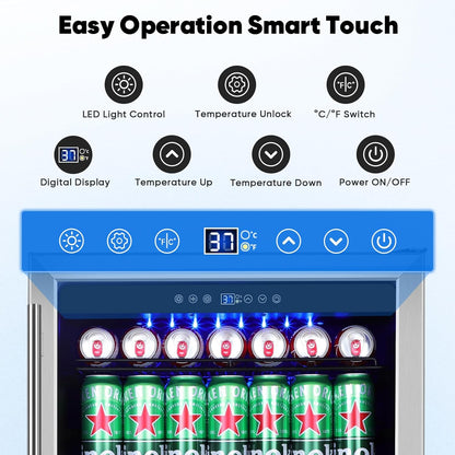 24" Beverage Refrigerator & Cooler, 180 Cans Under Counter Fridge with Lock, Glass Door & Powerful