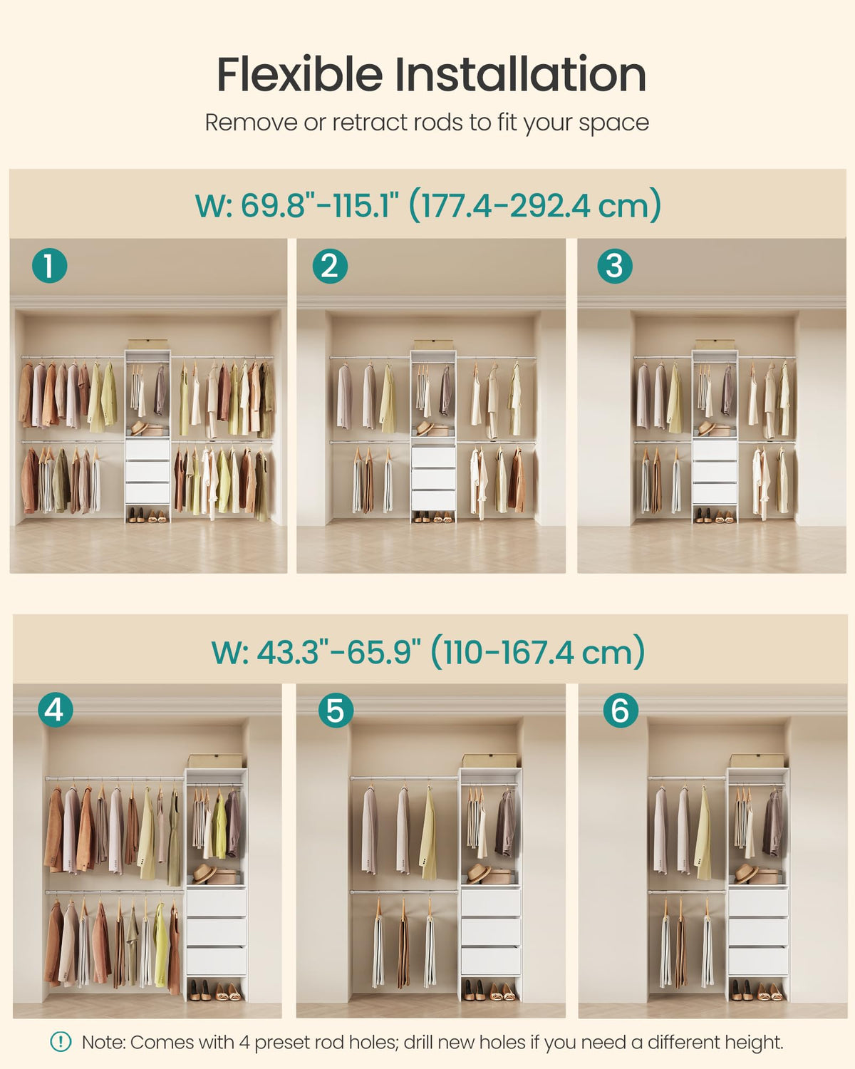 SONGMICS Closet System, Customizable Walk-In Closet Organizer System with Adjustable Hanging Rods