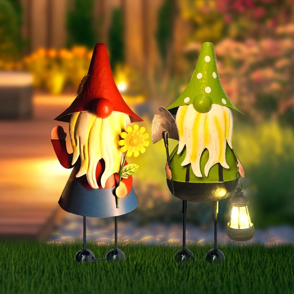 HONGLAND Solar Metal Gnome Yard Art -18 Inch Garden Gnomes Statues Outdoor Decor with Solar Lantern