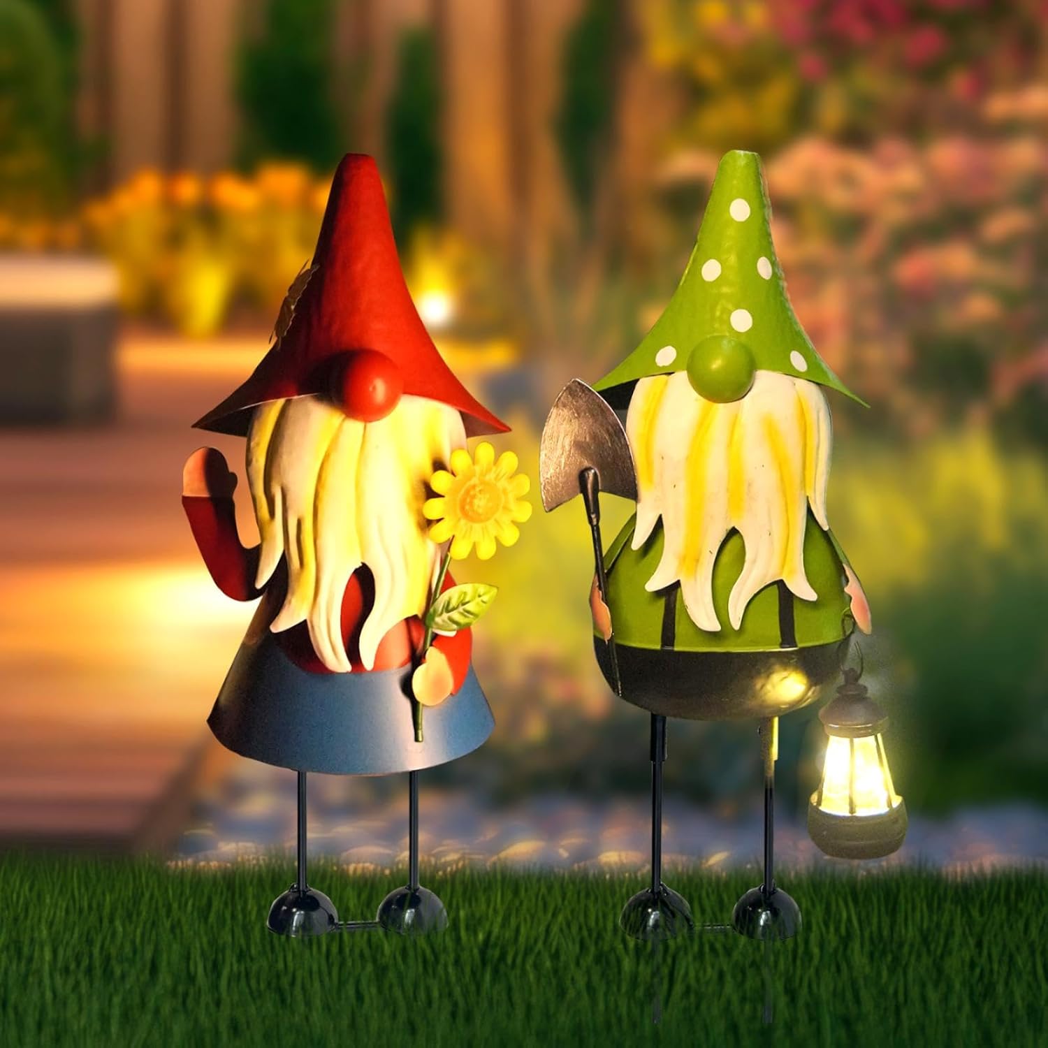 HONGLAND Solar Metal Gnome Yard Art -18 Inch Garden Gnomes Statues Outdoor Decor with Solar Lantern