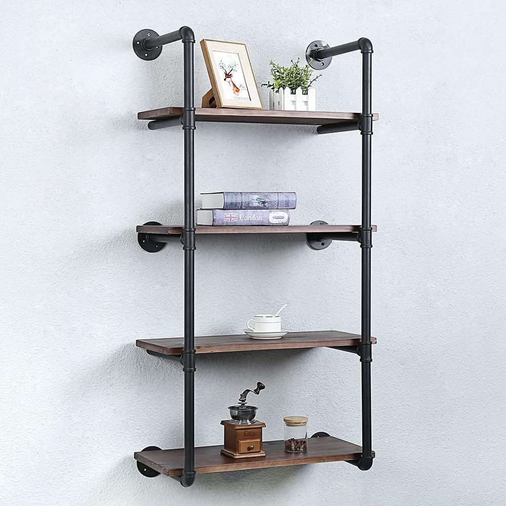 Industrial Pipe Shelving Wall Mounted,24in Rustic Metal Floating Shelves,Steampunk Real Wood Book