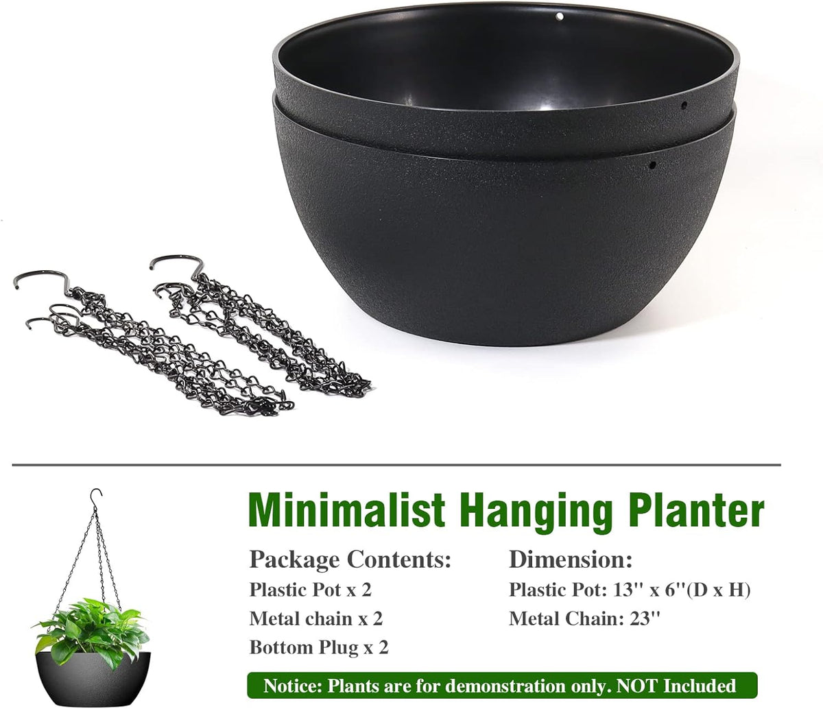 13 inch Large Hanging Planters Plant Pots for Outdoor Indoor Plants with Drainage Holes and Chain