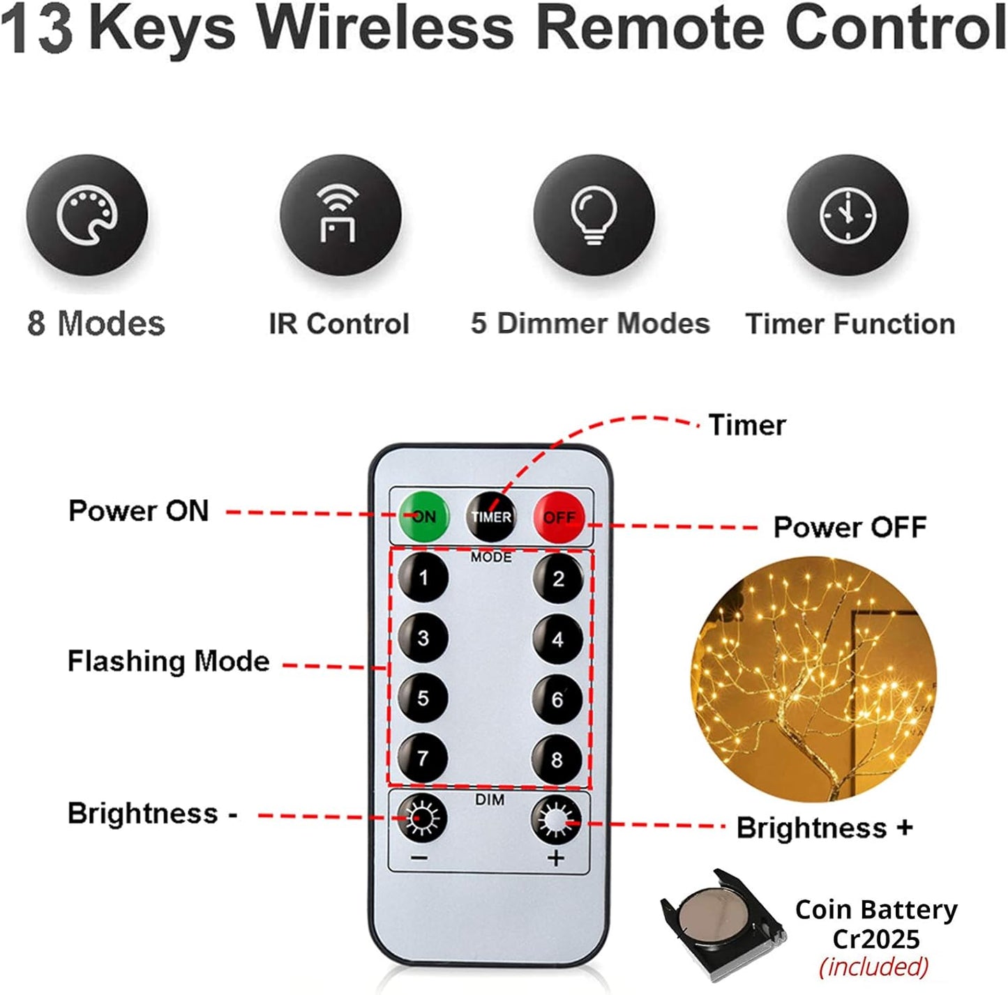 108 LED Sparkly Fairy Tree Lamp, Warm White, Remote Control, USB/Battery, 8 Modes, DIY Bonsai