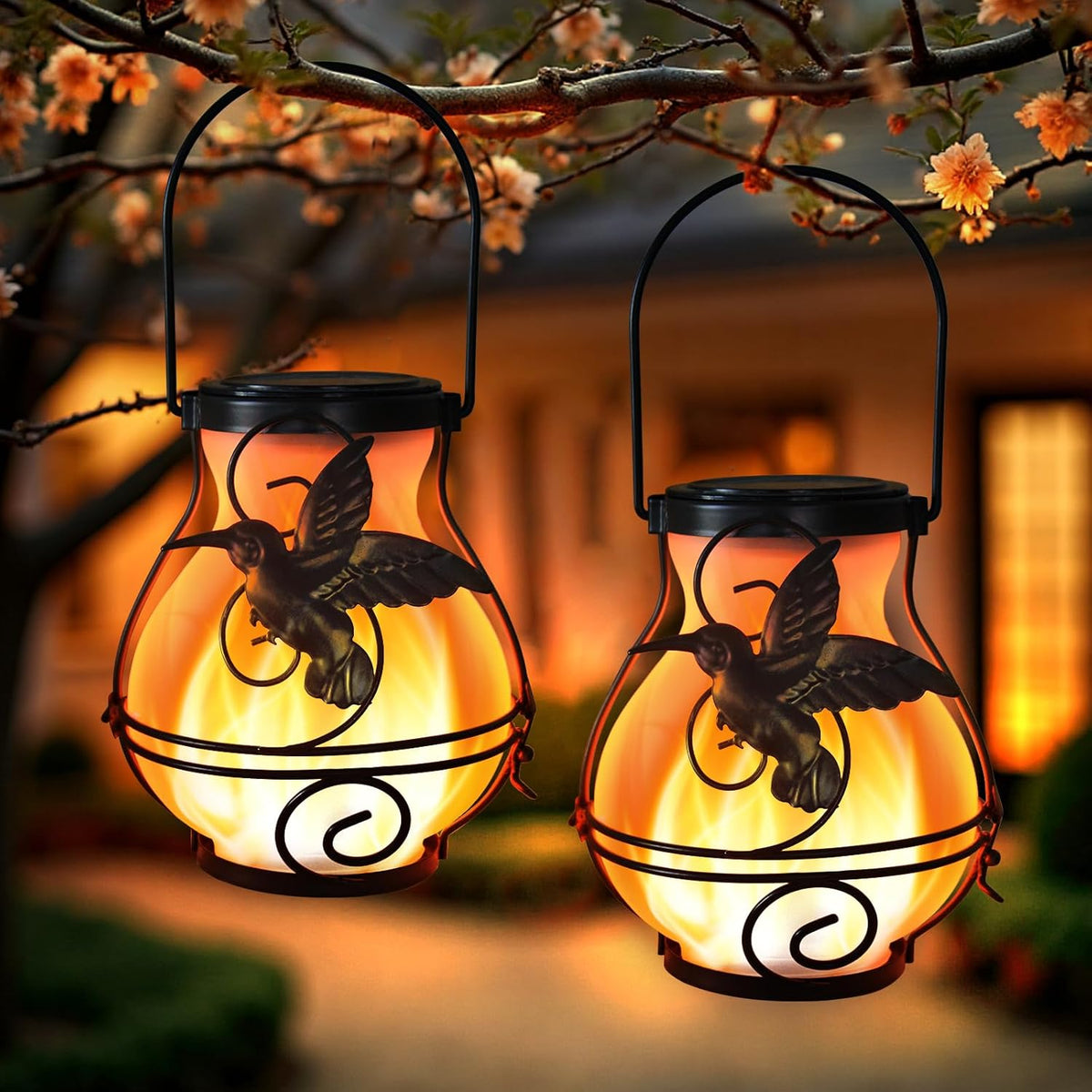 2 Pack Solar Lanterns Outdoor Waterproof Flickering Flame Lights Hummingbird Metal Hanging Solar