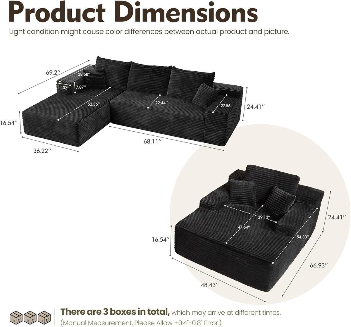 HOOOWOOO Cloud Sectional Couches for Living Room,Modular Sectional Sofa No Assembly,Plush Corduroy
