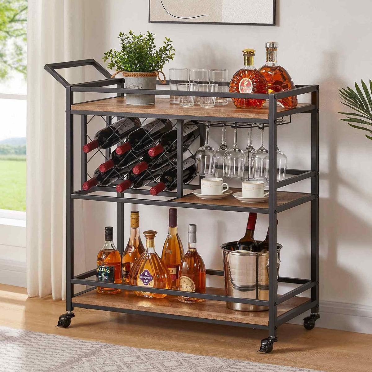 FATORRI Bar Cart for The Home, Rolling Wine Carts on Wheels with 3 Tier Wood Shelves, Liquor