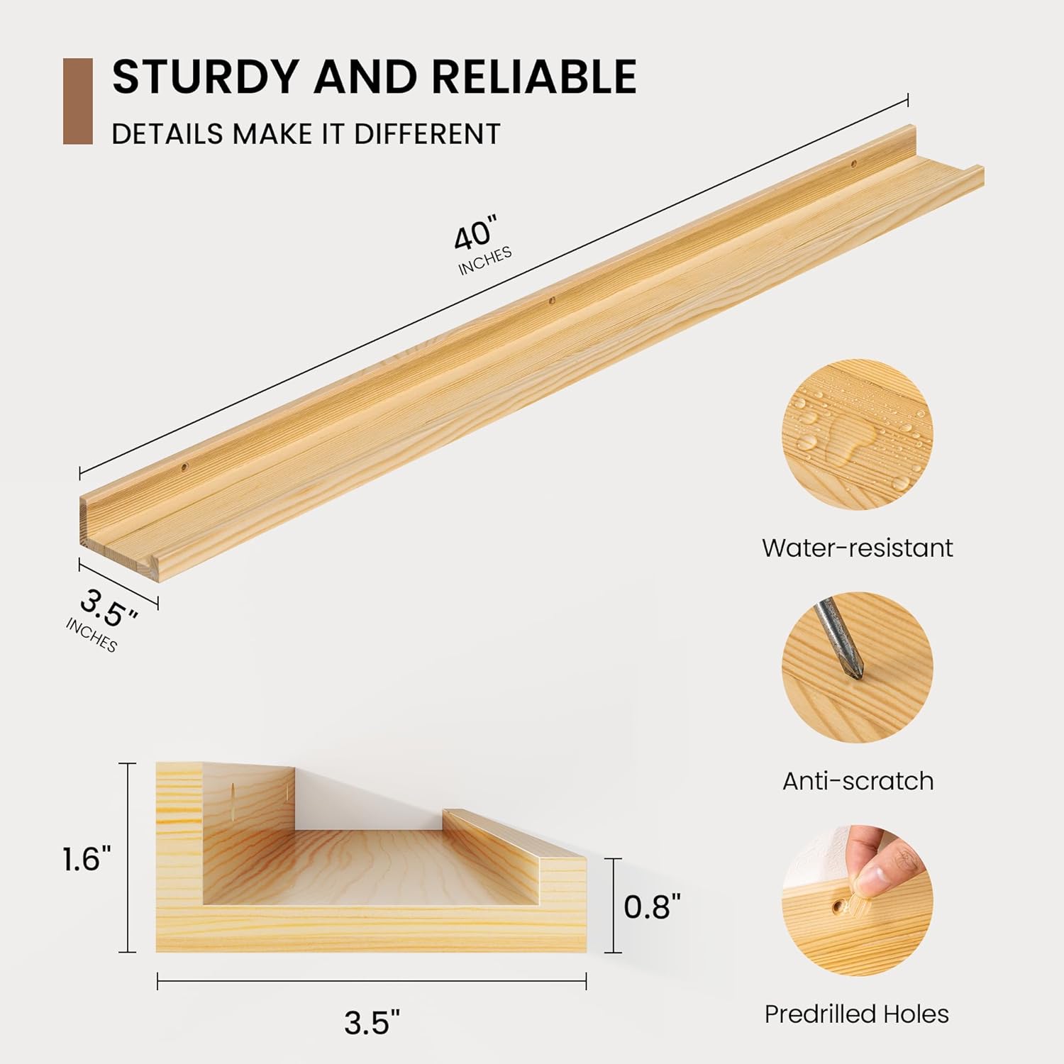 Picture Ledge Shelf, Solid Pine Wood Floating Shelves Set of 2, 40 Inches Nursery Book Shelves for