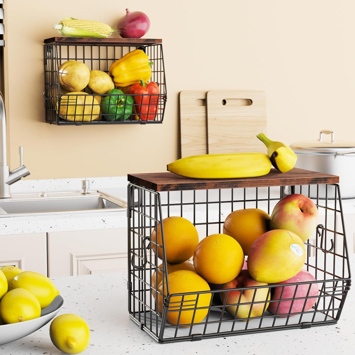 2pcs Fruit Basket Kitchen Storage Basket with Wood Lid, Stackable Wall Basket Fruit Basket for