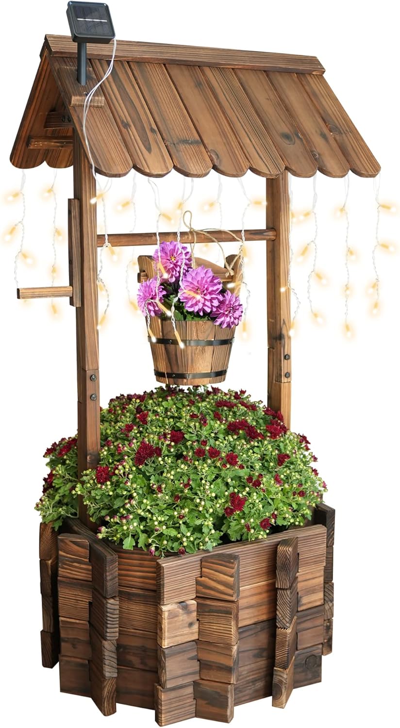 Garden Wooden Decor Rustic Wishing Well with Light Planter Outdoor Home Décor for Patio, Upgrade