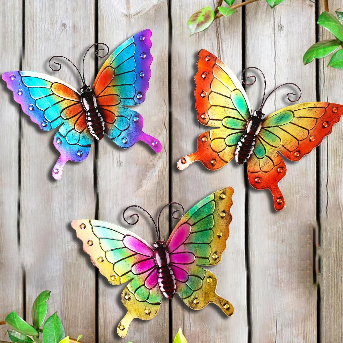 MACLARONX 3Pcs Metal Butterfly Wall Decor,11" Large Outdoor Fence Yard Art Butterflies 3D Garden