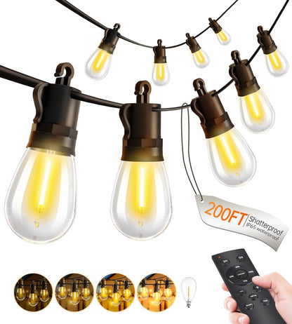 Outdoor String Lights Patio LED Light Outside - 60M 58+2 S14 LED Dimmable 200ft Porch Lighting IP65