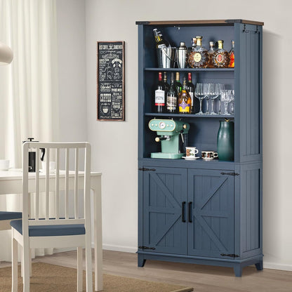 70in Tall Bookshelf 5 Tier Bookcase with Barn Doors and Adjustable Shelves, Blue Farmhouse Book