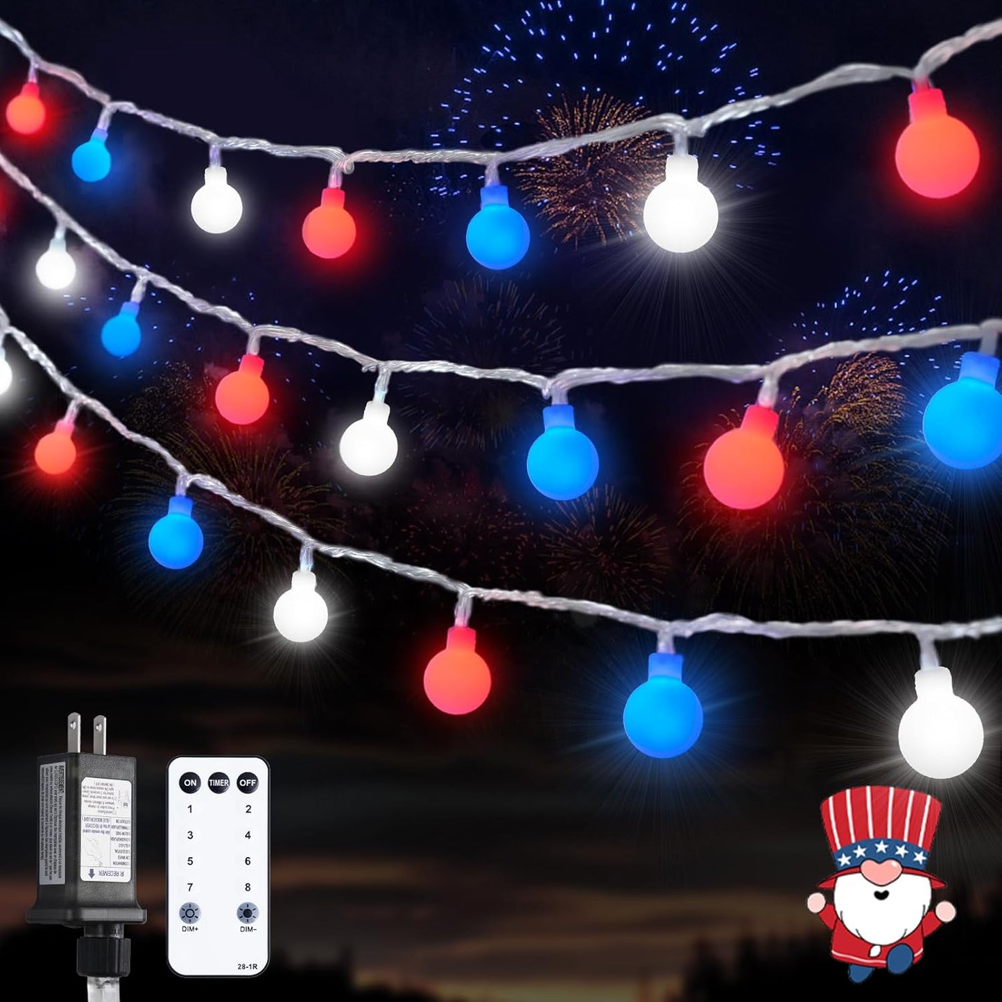 JMEXSUSS Connectable Red White and Blue Lights Indoor Outdoor, 100 LED 33ft 4th of July Decorations