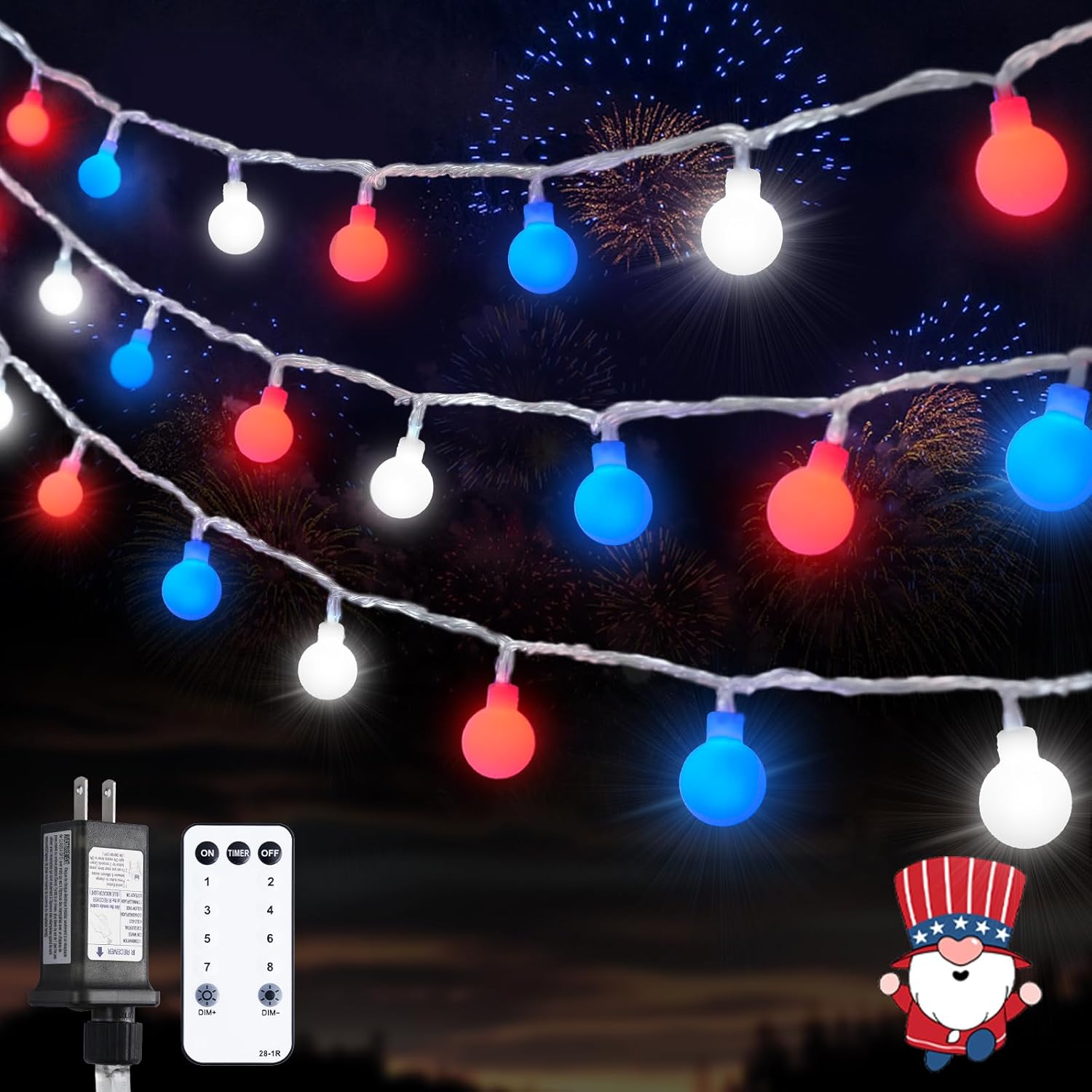 JMEXSUSS Connectable Red White and Blue Lights Indoor Outdoor, 100 LED 33ft 4th of July Decorations