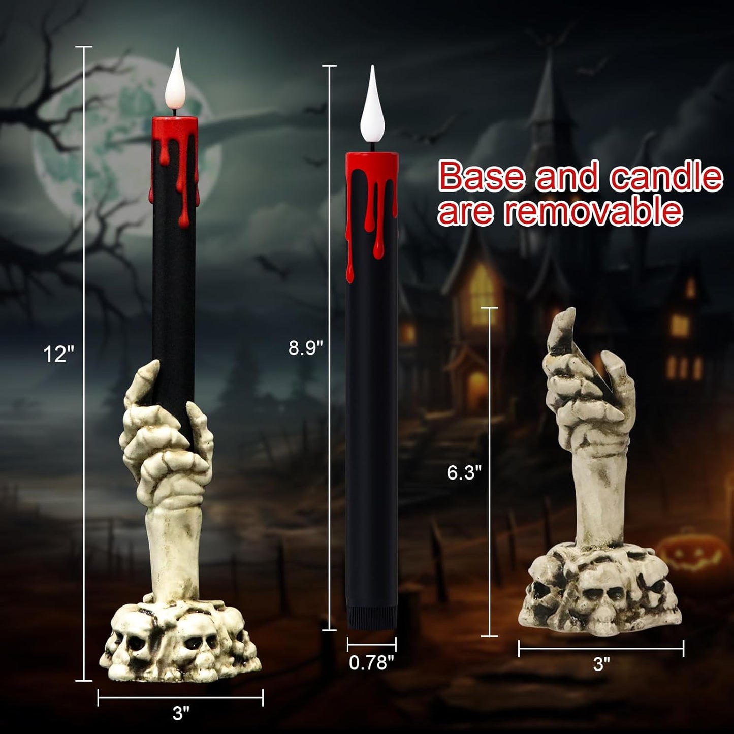GenSwin Halloween Black Taper Flameless Candles with Ghost Hand Candlesticks and Remote Timer, 2