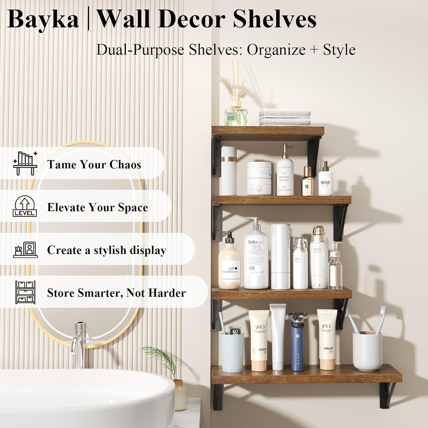 BAYKA Floating Shelves for Wall, Book Shelf for Bedroom, Wall Decor Shelves for Living Room