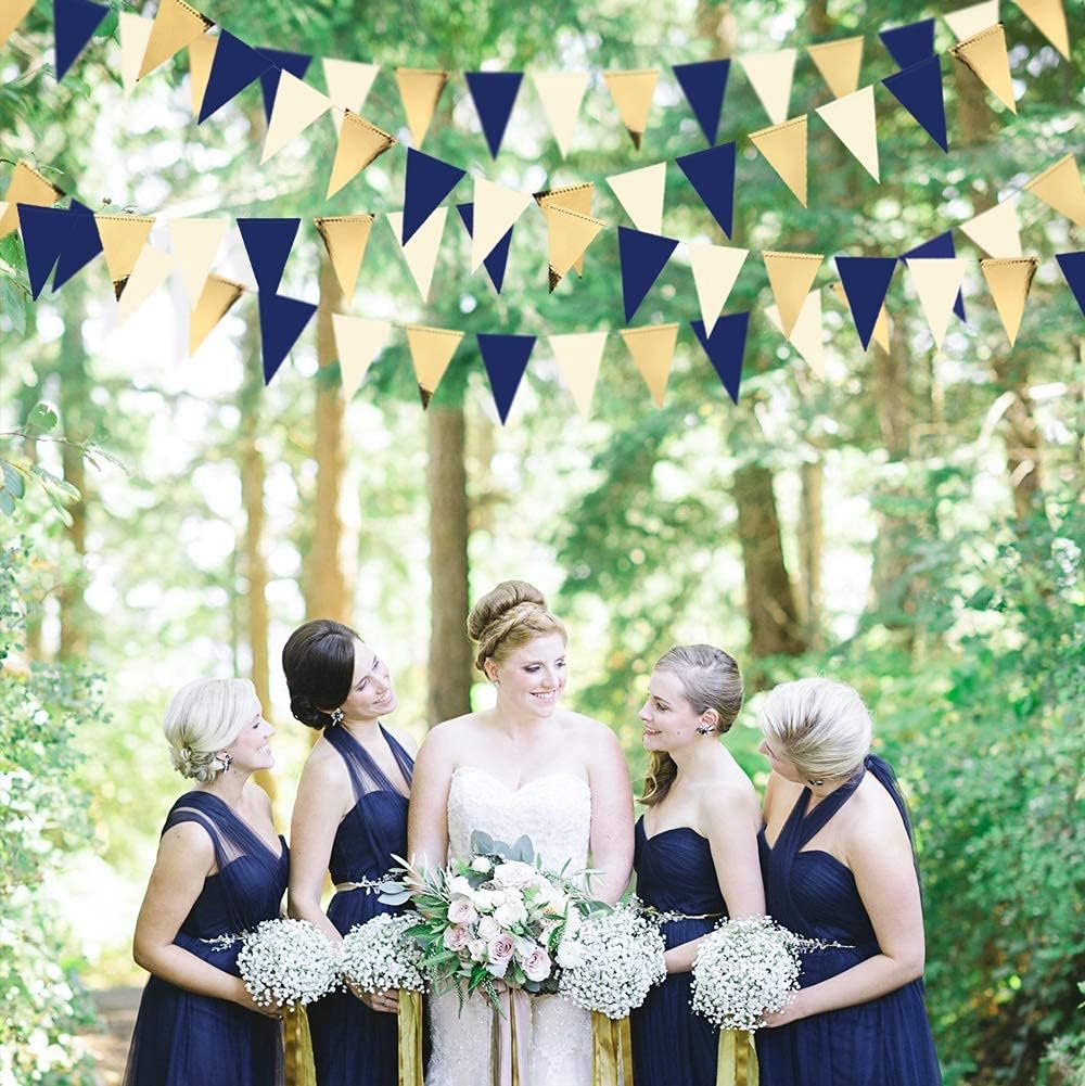 30Ft Navy Blue Gold and Beige Party Decorations Royal Blue Gold Triangle Flag Pennant Banner