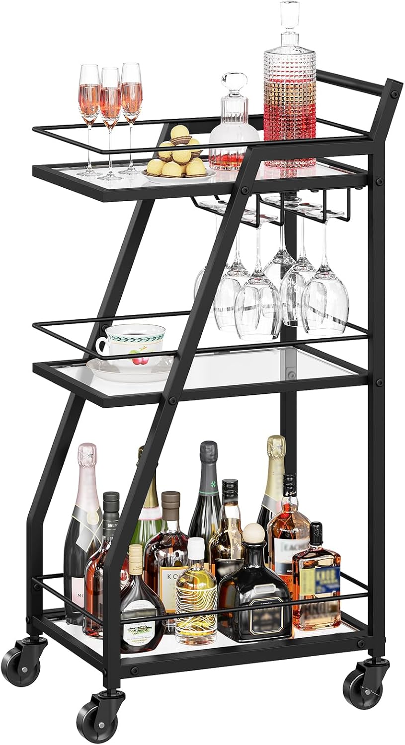 Bar Cart, 3-Tier Bar Cart for The Home, Home Bar Serving Cart with Glass Holders, Beverage Cart for