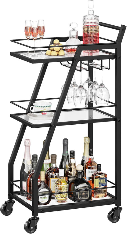 Bar Cart, 3-Tier Bar Cart for The Home, Home Bar Serving Cart with Glass Holders, Beverage Cart for